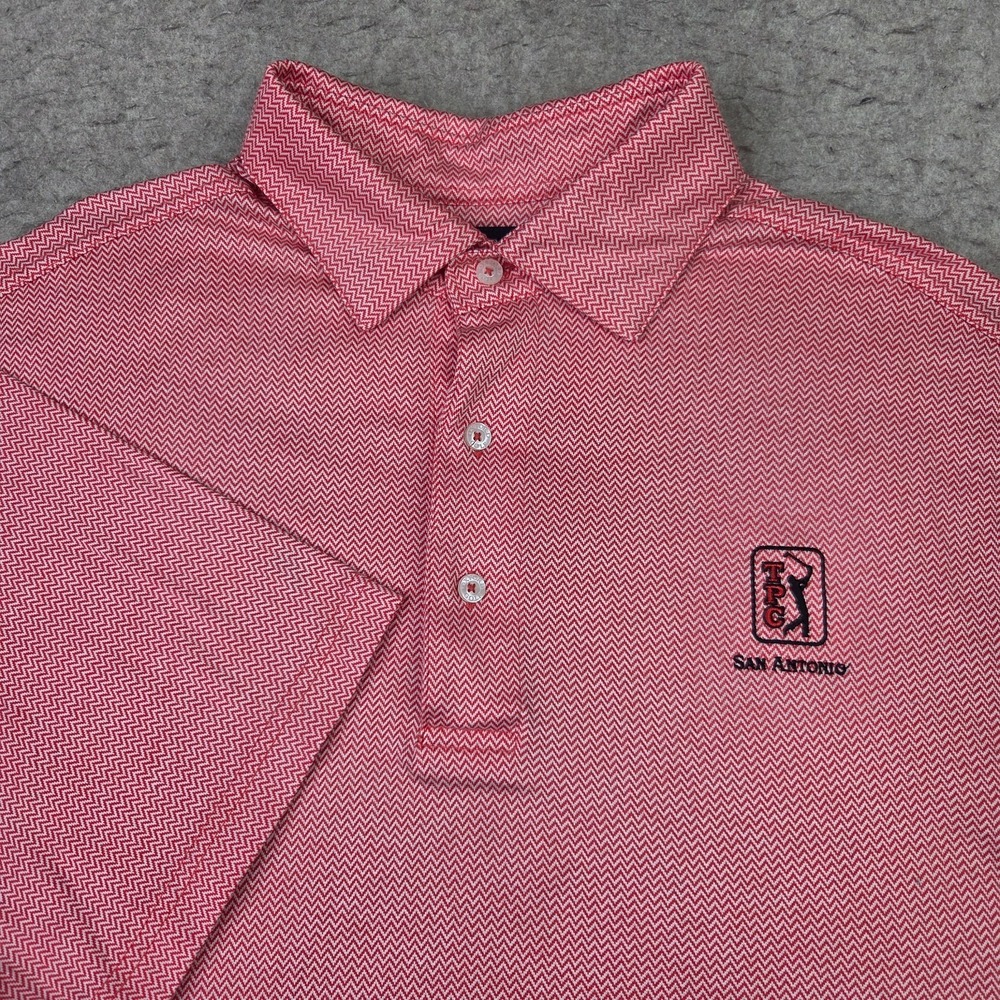 Oxford Golf Superdry TPC San Antonio Polo Shirt Men L Red Geometric Short Sleeve